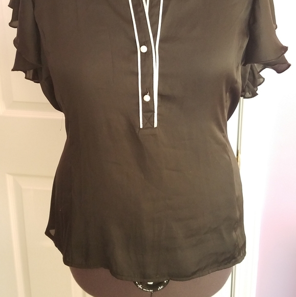 Black Satin Flutter Sleeve Blouse - Picture 2 of 5